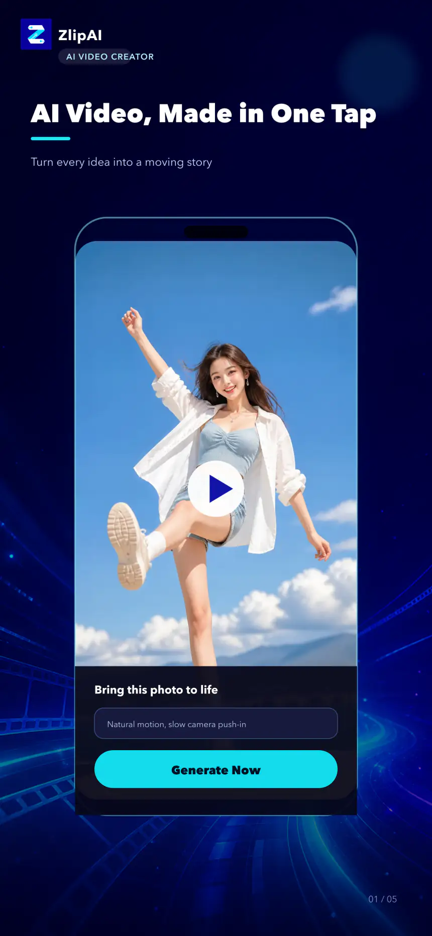 ZlipAI one-tap AI video creation screen